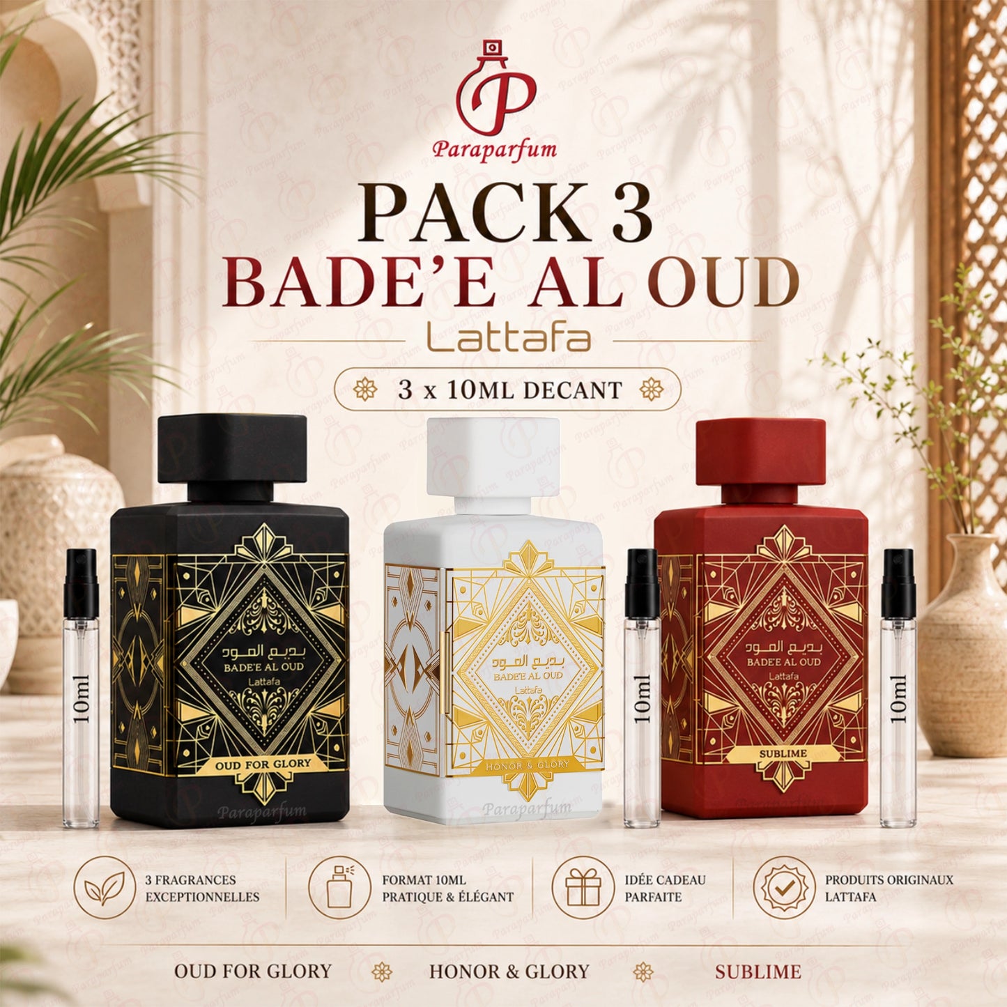 Pack 3 Bade’e Al Oud Lattafa (Sublime,Honor & Oud for Glory) 10ml