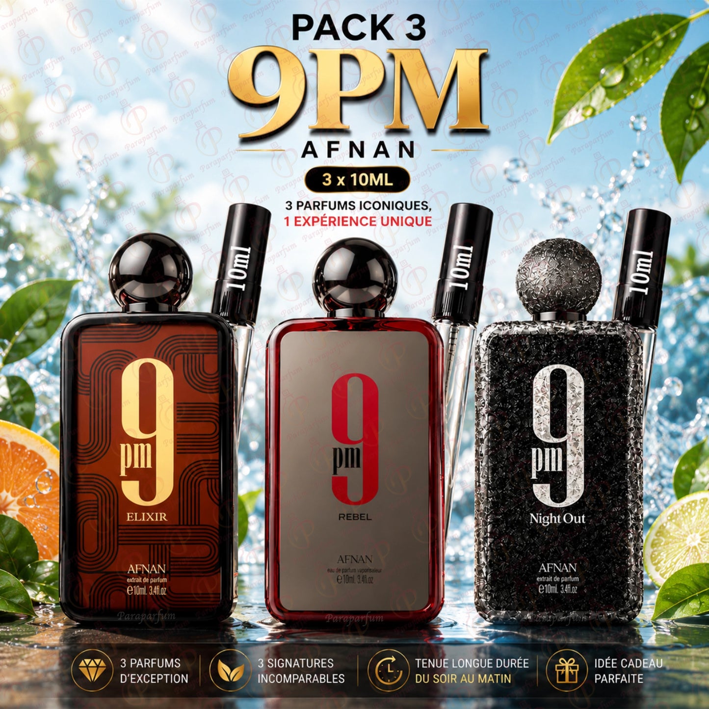 Pack 3 9 Pm Afnan (Rebel, Night Out & Elixir) 10ml