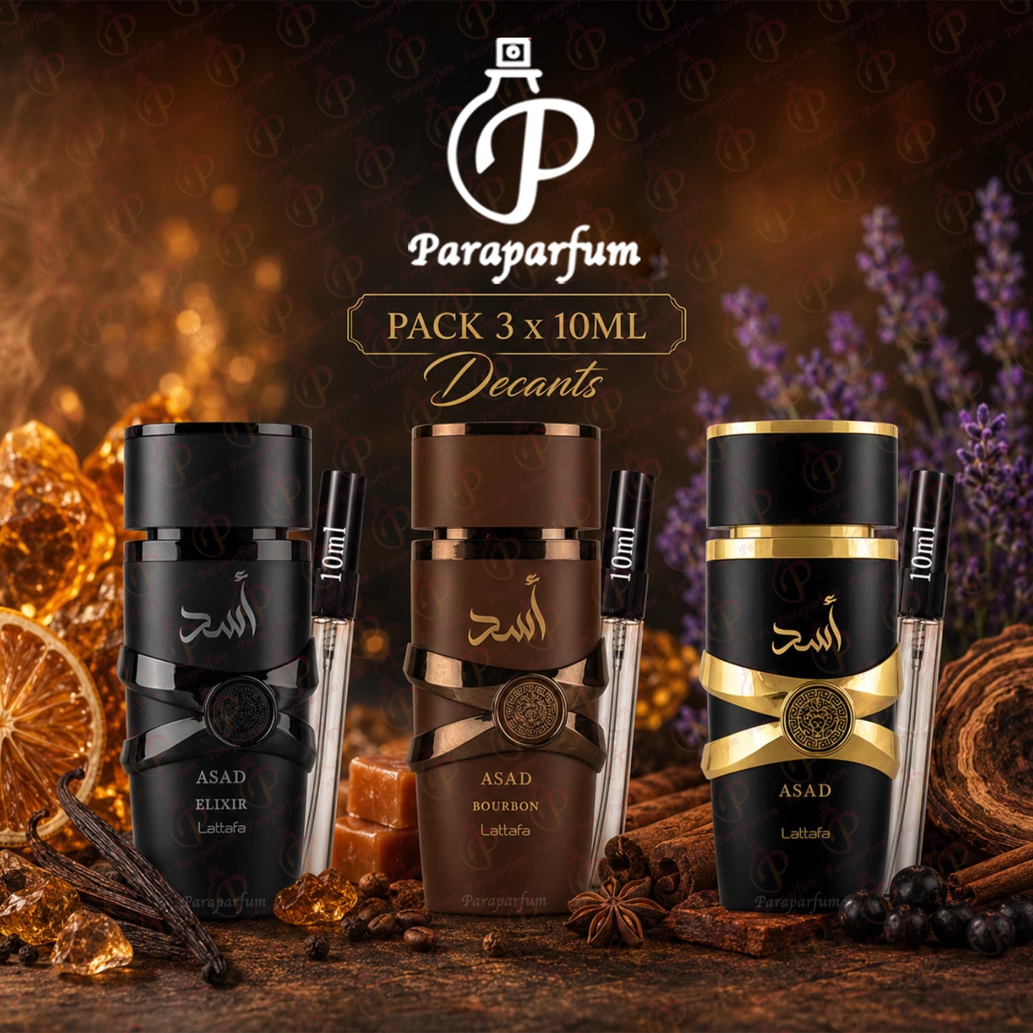 Pack 3 Asad Lattafa (Asad,Bourbon & Elixir)10ml