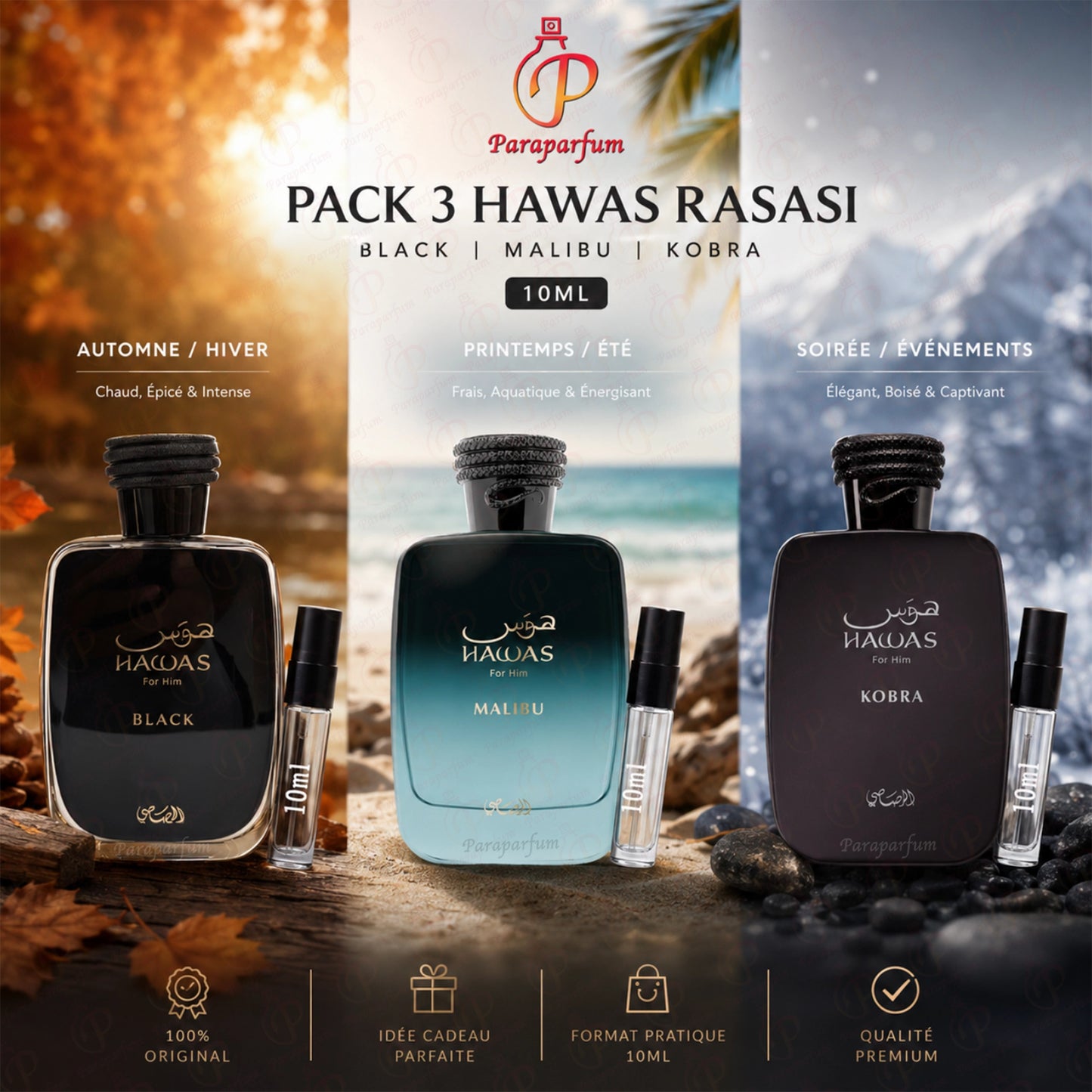 Pack 3 Hawas Rasasi (Black, Malibu & Kobra) 10ml